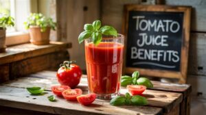 a glass of tamato juice and black board with mentioning tomato juice benefits