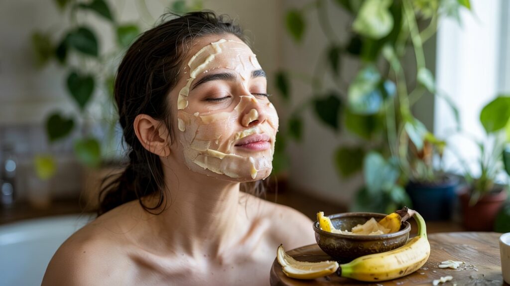 a photograph of a women is feeling happy while using banana peel for face