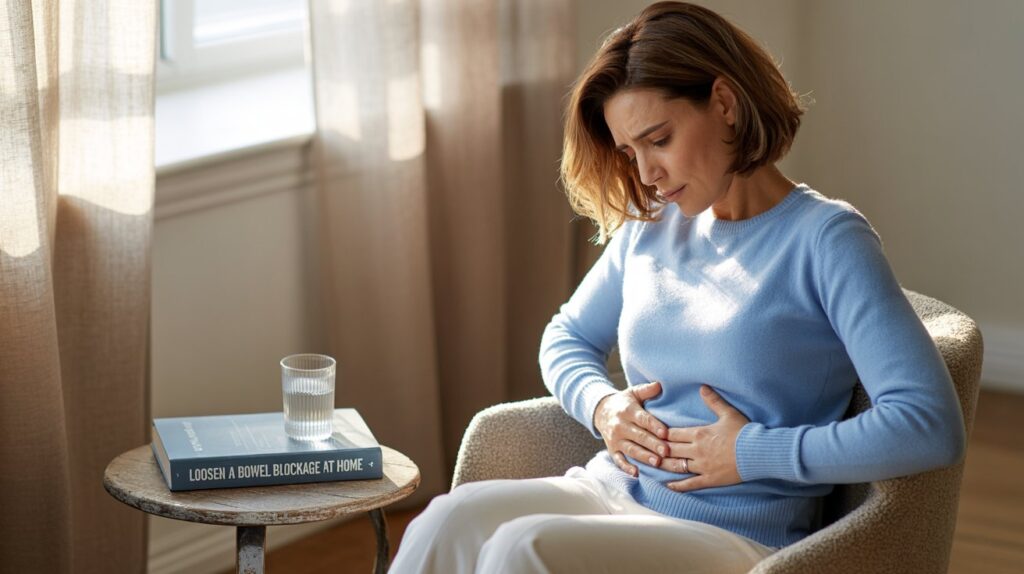 A lady holding the abdomen and thinking about how to loosen a bowel blockage at home