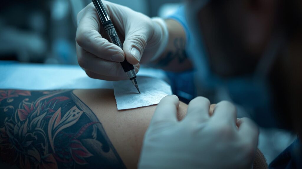 A close-up, overhead shot of a tattoo artist meticulously applying local anesthetic to a client's skin using a sterile wipe