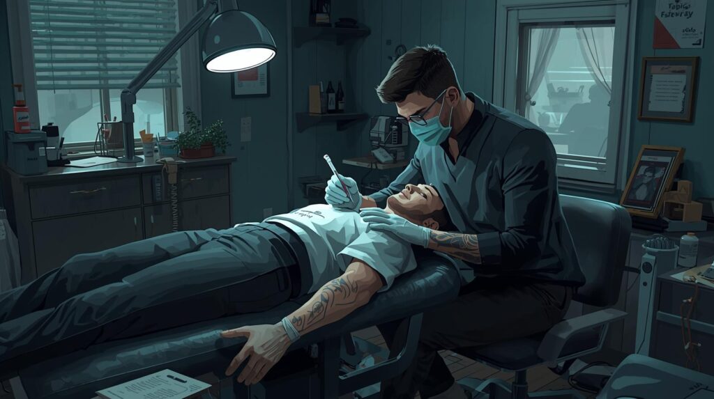 A tattoo artist applying local anesthesia on the client’s skin before starting the tattoo process to reduce pain