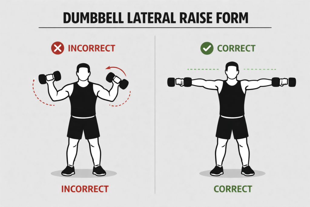 Side-by-side instructional image showing correct vs incorrect dumbbell lateral raise form for shoulder training dumbbells, highlighting proper posture, arm position, and controlled movement for effective shoulder workouts.