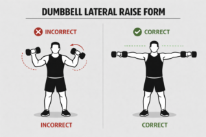 Side-by-side instructional image showing correct vs incorrect dumbbell lateral raise form for shoulder training dumbbells, highlighting proper posture, arm position, and controlled movement for effective shoulder workouts.