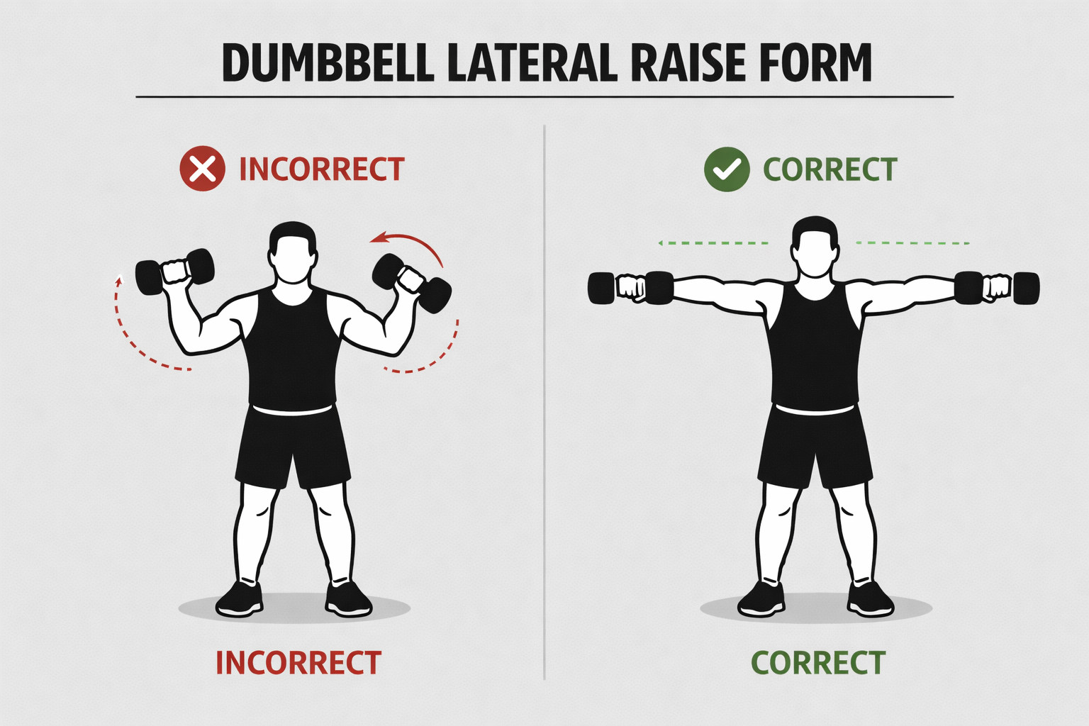 Side-by-side instructional image showing correct vs incorrect dumbbell lateral raise form for shoulder training dumbbells, highlighting proper posture, arm position, and controlled movement for effective shoulder workouts.
