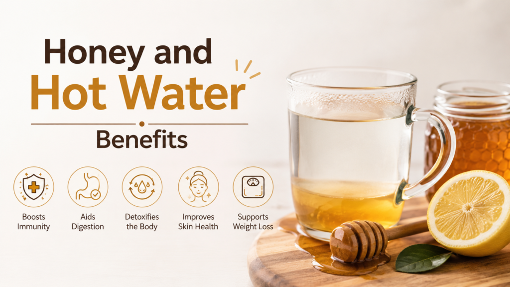Honey and hot water benefits infographic showing a glass mug of honey water with a honey jar, dipper and lemon slice