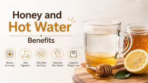 Honey and hot water benefits infographic showing a glass mug of honey water with a honey jar, dipper and lemon slice