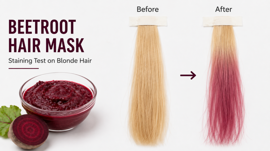 beetroot hair mask staining test on a blonde hair